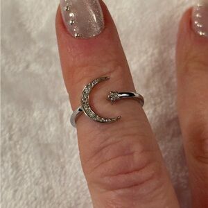 Sterling Silver CZ Crescent Moon and Star Adjustable Size Ring